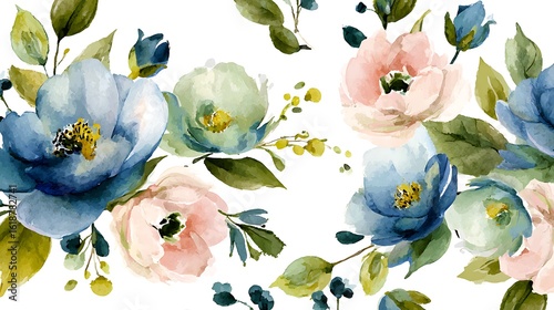 Fototapeta Naklejka Na Ścianę i Meble -  Soft watercolor floral pattern featuring blue pink and green blooms with delicate greenery