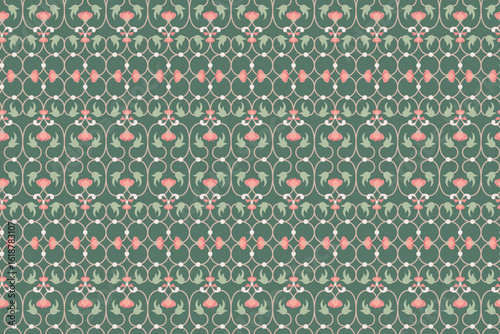 Elegant Seamless Indian Pichwai Mughal Floral Border Pattern with Stylized Lotus Motifs in Pink and Green