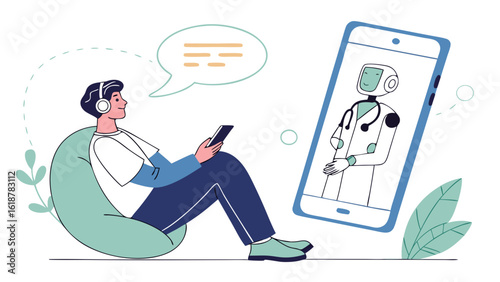 A person is having a telehealth consultation with a robot doctor on a mobile device while at home