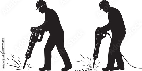 Two construction workers operating jackhammers silhouette