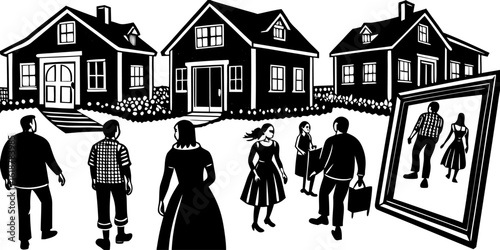 Vector art of house family home people portrait community building residence property dwelling architecture vector illustration