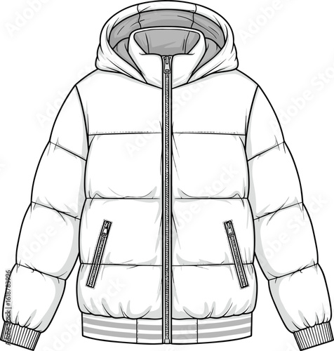 Modern Hooded Puffer Jacket Flat Sketch Vector Illustration for Outerwear Design, Quilted Winter Coat Technical CAD Drawing