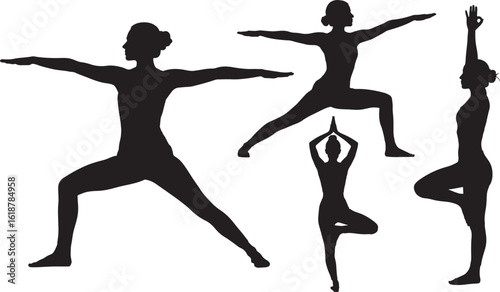 Yoga Woman Silhouette Vector Collection, Female Yoga Poses Silhouette Template, Meditation and Fitness Woman Silhouettes, Vector Black Yoga Poses of Women Clipart