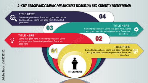 4 Step Arrow Infographic Template for PowerPoint Presentations, Editable Vector Design with Icons and Text Boxes for Business, Marketing, Strategy, and Workflow Diagrams