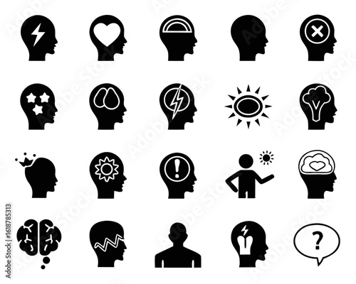 Comprehensive mental health icon collection featuring symbols for depression anxiety and emotional well being rendered in a vibrant four color palette