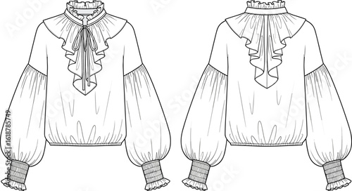 Elegant Women's Blouse Design, Frilled Collar and Front Ruffles, Long Puffed Sleeves, Shirred Wristbands, Fashionable Top Template, Technical Sketch.