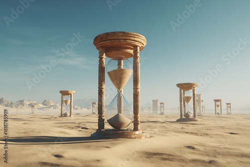 Surreal desert landscape featuring many large hourglasses under a clear blue sky