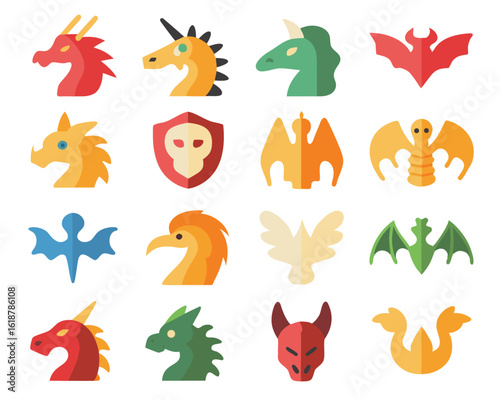 Collection of mythical creature outline icons and silhouettes featuring legendary beasts and fantasy characters for creative projects