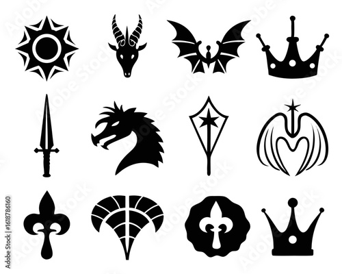 Collection of mythical creature outlines and silhouettes featuring fantasy beasts and legendary figures in black and color accents