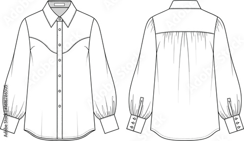 Western-Inspired Womens Shirt with Pointed Yoke Detail, Full Sleeves, and Button Cuffs, Fashion Flat Sketch, Apparel Design, Timeless Style.