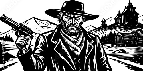 Vector art of wild west cowboy with gun vector illustration old west sheriff outlaw gunslinger black and white duel drawing vector illustration