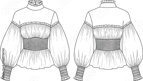 Elegant Women's Blouse Design, Shirred Waist and Cuffs, High Neckline, Long Voluminous Sleeves, Stylish Top Template, Fashion Apparel Vector Illustration.