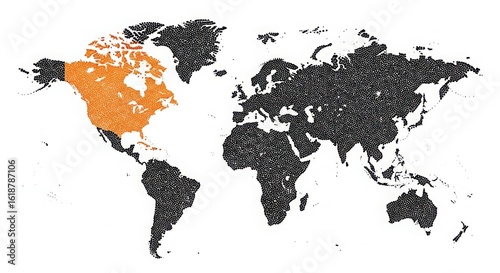 Fototapeta Naklejka Na Ścianę i Meble -  World map with north america highlighted in orange and the rest of the world in black dots