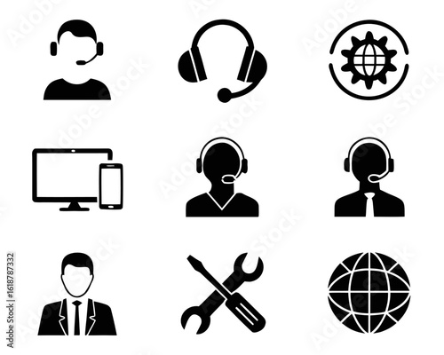 Comprehensive collection of professional symbols for online customer assistance and client care featuring communication and support elements in a modern graphic style