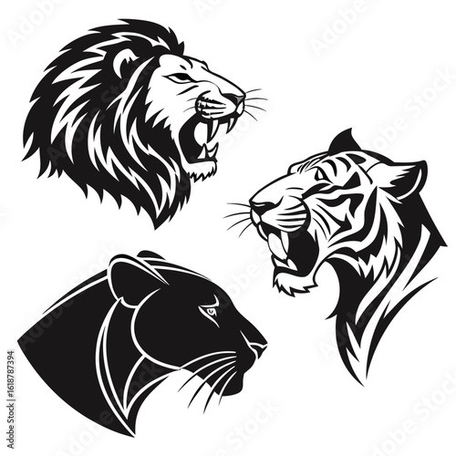 Big Cat Heads Lion Tiger Panther In Bold Blac