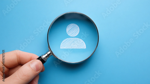 A magnifying glass focuses on a person-shaped icon. It suggests concepts like recruitment, searching for talent, or focusing on individual needs and customer service.