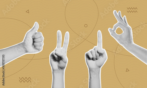Collage of black and white halftone hands showing various gestures including thumbs up, peace sign, pointing, and OK on abstract background, ideal for communication, design, and pop art themes