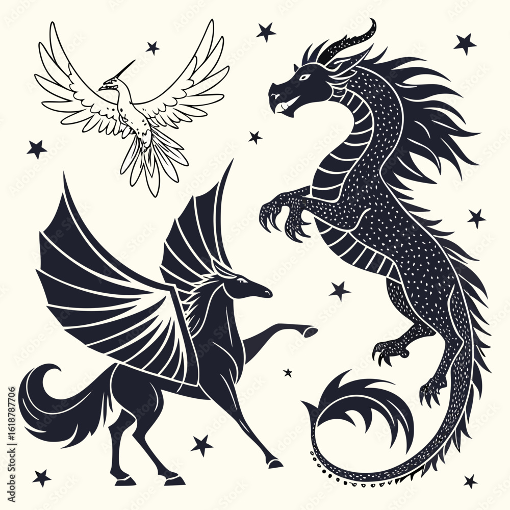 Obraz premium Mythical Animal Silhouettes Unicorn Phoenix D