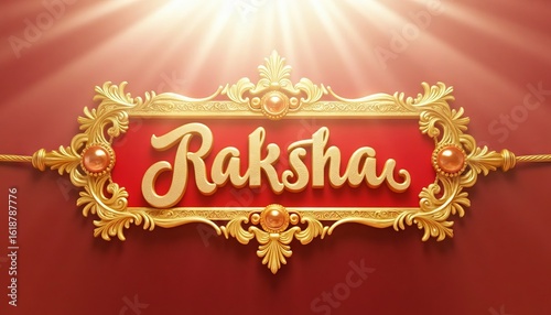 A 3d illustration of a Raksha Bandhan text written, happy Raksha Bandhan design with gold and red background 