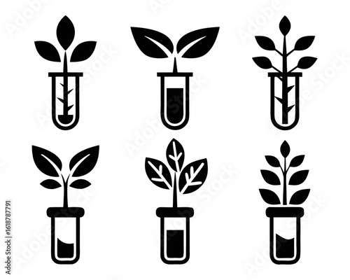 Collection of scientific laboratory glassware and botanical specimen icons featuring plants and test tubes in a clean modern design