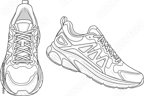  Modern Athletic Running Shoes CAD Drawing Flat Vector Illustration - Dynamic Footwear Design for Fitness, Sport, and Active Lifestyle, EPS Line Art