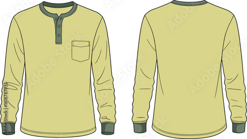 Cad drawing, flat vector illustration, long sleeve henley shirt, front and back view, fashion template, casual wear, garment design