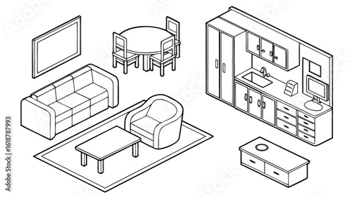 Furniture Outline Top and side View Icon Set, Thin Line Vector Symbols for Interior Design and Architectural Floor Plan Layouts