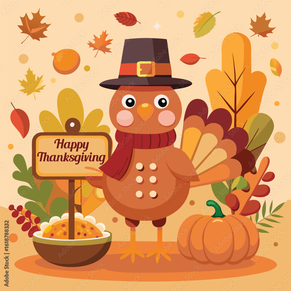 Naklejka premium Festive Thanksgiving Illustration with Cartoon Turkey Pumpkin and Autumn Leaves Perfect for Holiday Greetings and Seasonal Decorations