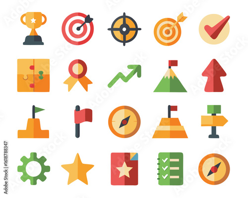 Comprehensive collection of strategic planning icons including target goal achievement and progress indicators for business presentations and project management