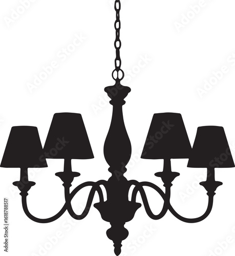 Ornate black chandelier with five lampshades lighting interior