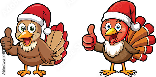 Festive Turkey Cartoon Characters Wearing Santa Hats Giving Thumbs Up for Holiday Cheer and Christmas Season Celebration