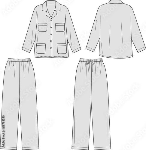 Flat Sketch of Women's Pajama Set, Long Sleeve Top, Drawstring Pants, Sleepwear Technical Drawing, Apparel CAD, Front and Back View.