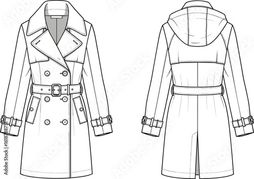 Classic Trench Coat Flat Sketch Vector Illustration for Apparel Design, Double-Breasted Raincoat Technical CAD Drawing, Outerwear Fashion