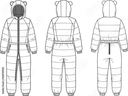 Kids Puffer Snowsuit with Bear Ears Hood Flat Sketch Vector Illustration for Outerwear Design, Children's Winter Jumpsuit Technical CAD Drawing