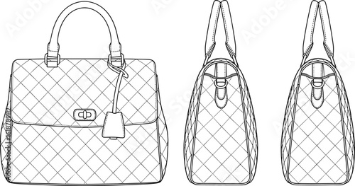 Elegant Quilted Handbag Flat Sketch Vector Illustration for Fashion Design, Stylish Women's Accessory Outline Drawing, Luxury Bag Technical CAD for Apparel Production