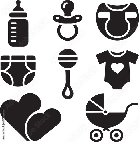 Black and white icons of baby care items including a stroller and love symbols