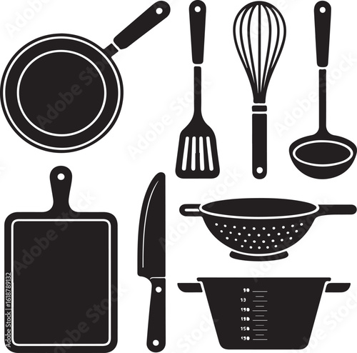 Black and white kitchen utensils silhouette vector illustration for culinary concepts and recipes