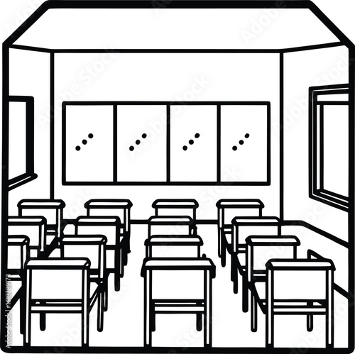 classroom scene with big windows and empty desks