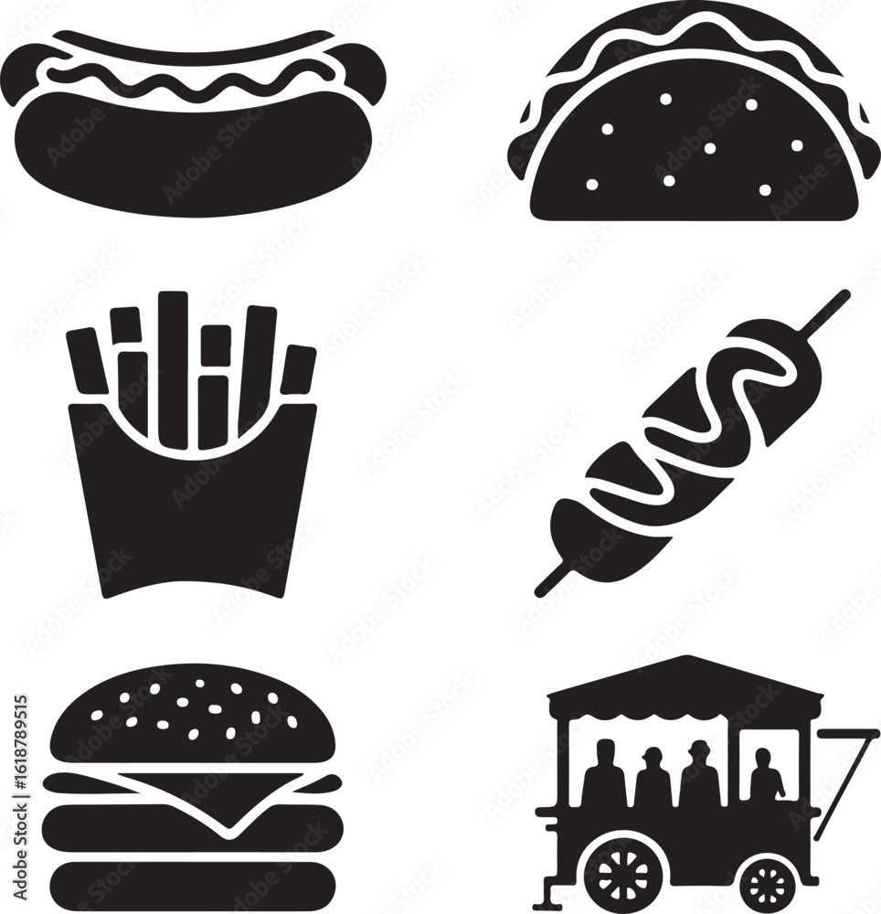 Delicious street food icons featuring hot dog taco french fries burger and kebab stand Delicious street food icons featuring hot dog taco french fries burger and kebab stand