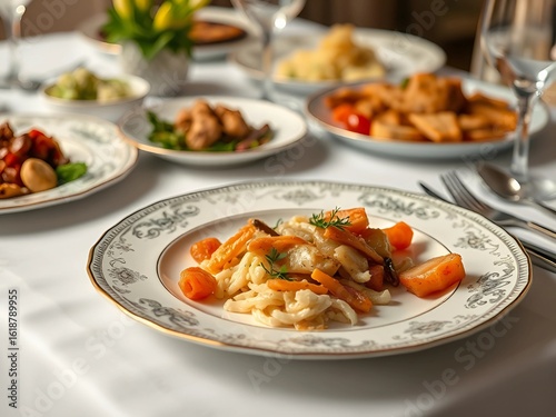 Food on a beautiful plate, festive table setting.