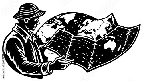 Vector art of man explorer map world globe travel adventure journey discovery destination vacation tourism navigation guide plan vector illustration