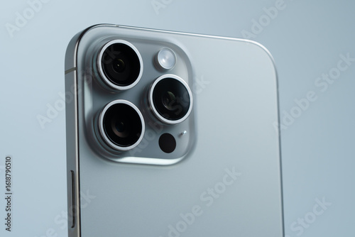 30 July, 2025 Kyiv, Ukraine: Apple iPhone 15 Pro Max, High-resolution photo of smartphone triple lenses