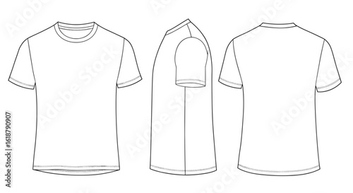 Blank T-shirt design in front, side, and back views on white background  