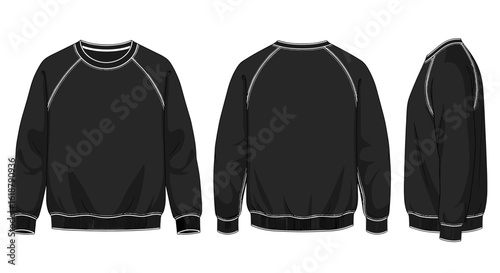 Black sweatshirt in multiple views, showcasing design details  