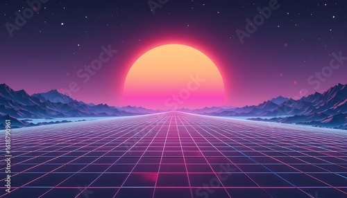 Synthwave Sunset over Grid Textured Virtual Landscape