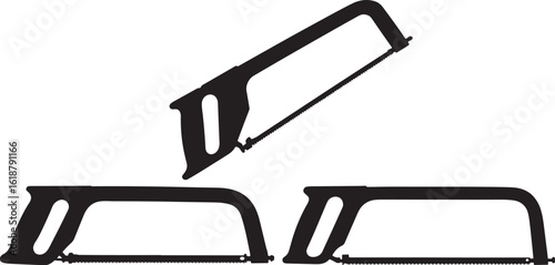 Three black silhouette hacksaws on white background silhouette