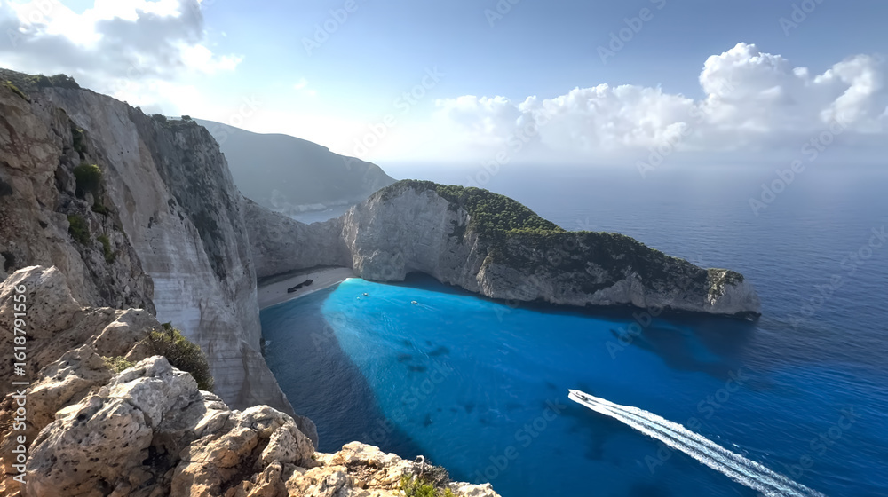 Fototapeta premium Stunning coastal view of turquoise waters and rocky cliffs at a beach in Greece