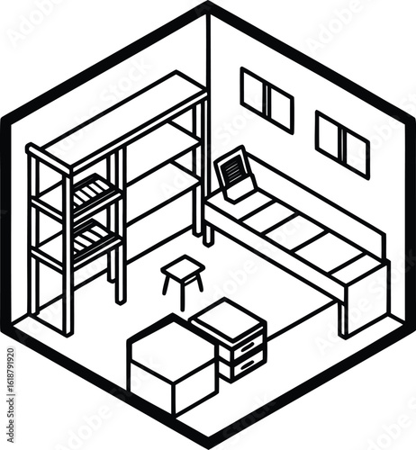 isometric dorm room with bunk beds posters and bed