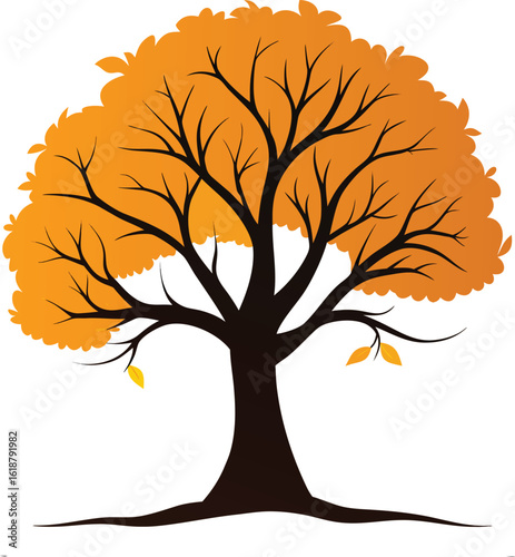 Silhouette of a lonely autumn tree with curved branches isolated on white background