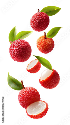 flying fresh lychee fruits with leaves and opened half isolated on a transparent background remove Png, clipping path